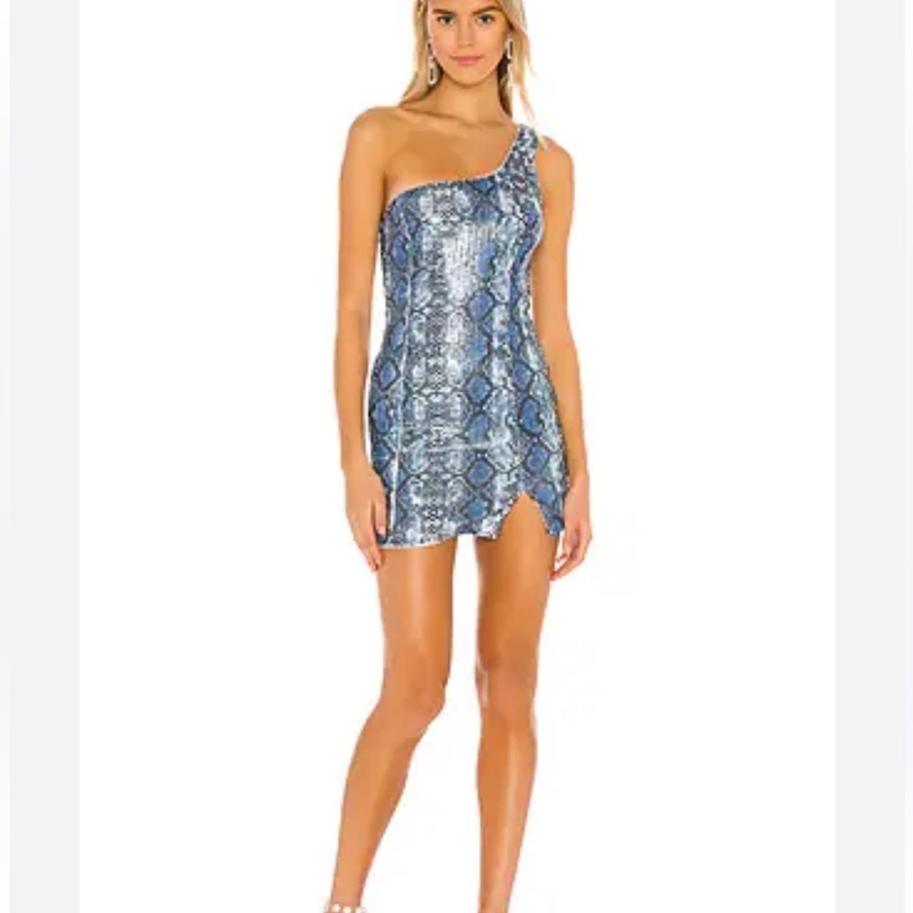 Superdown from Revolve blue snakeskin print sequined mini dress, size XS
